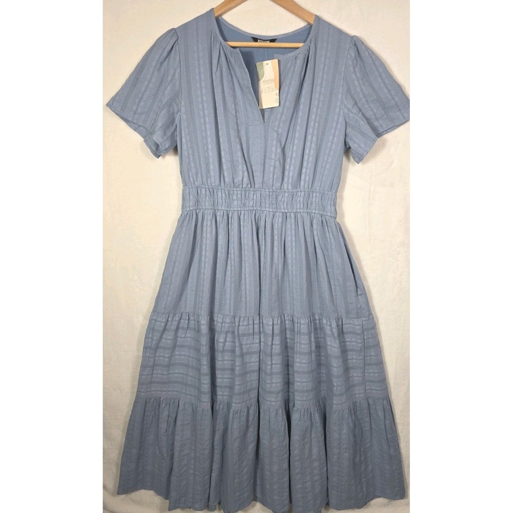 BTFBM Women's Light Blue Cotton Tiered Midi Dress Puff Sleeve Lined Size L NWT - Picture 3 of 15